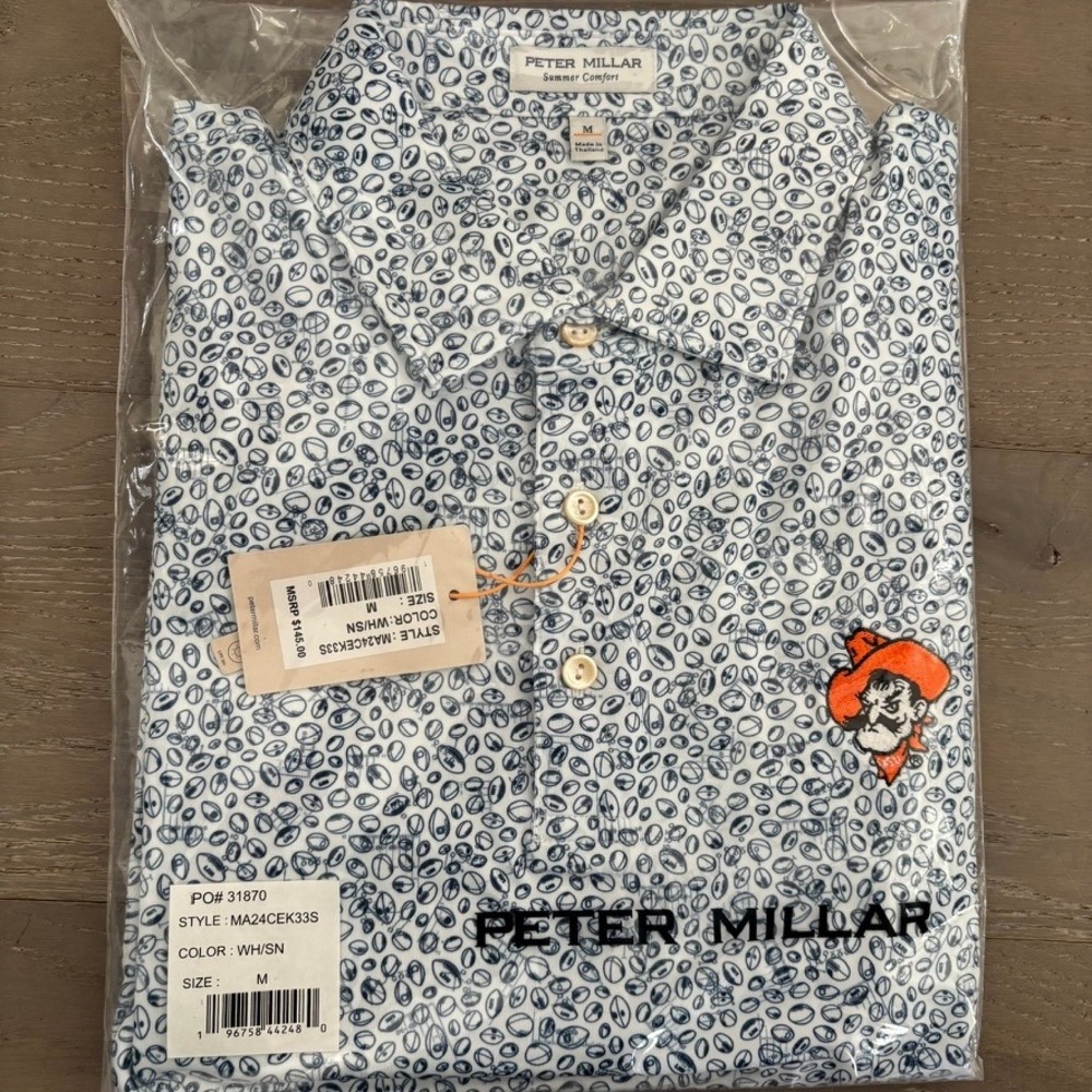 NWT Peter Millar Game Day Performance Polo Sz M Oklahoma OSU Cowboys Pistol Pete